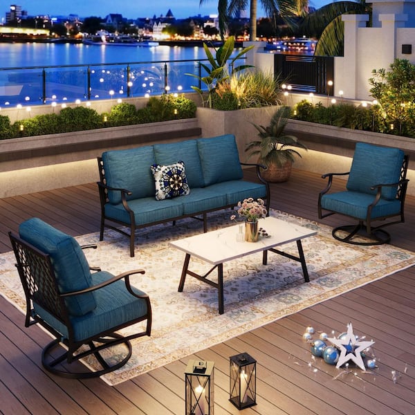 Metal 5 Seat 4-Piece Steel Outdoor Patio Conversation Set Peacock Blue Cushions, Swivel Chairs, Marble Pattern Table