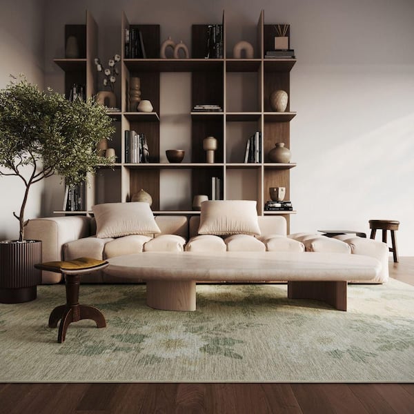 Janesey Floral Farmhouse Washable Beige 6 ft. x 9 ft. Indoor Area Rug