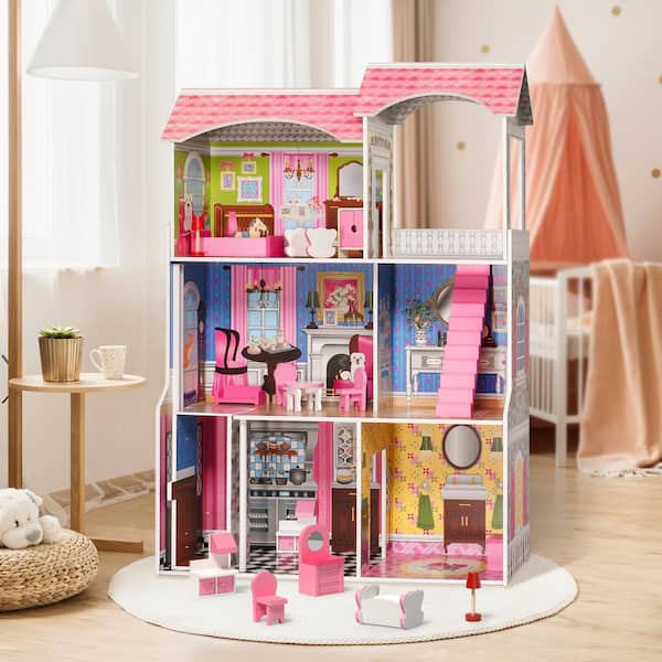 Huluwat Pink Classic Wooden Dollhouse for Toddlers with of