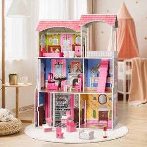 Pink Classic Wooden Dollhouse for Toddlers with of Furniture(10-Pieces)