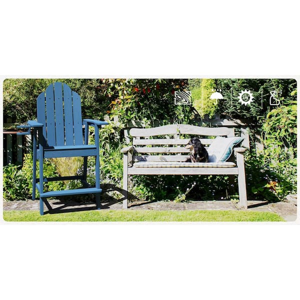 All Weather Plastic Composite Outdoor Bar Stool Adirondack Arm Chairs with Cup Holder-Blue(set of 2)