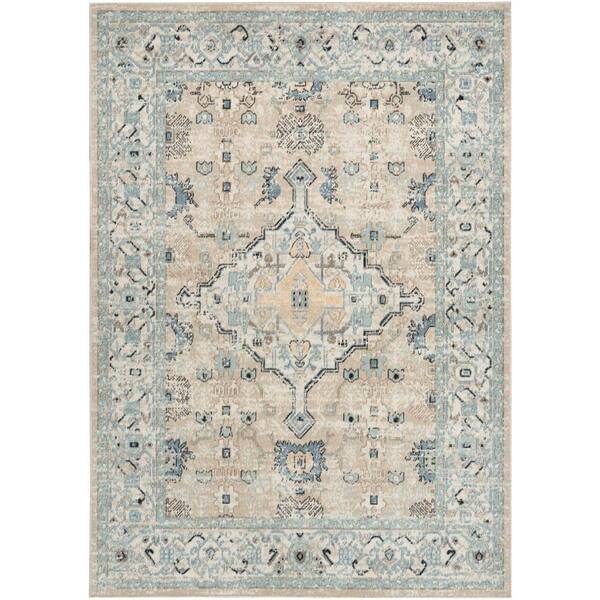 Nourison Washable Decor Taupe Blue 7 ft. x 9 ft. Center medallion Traditional Area Rug