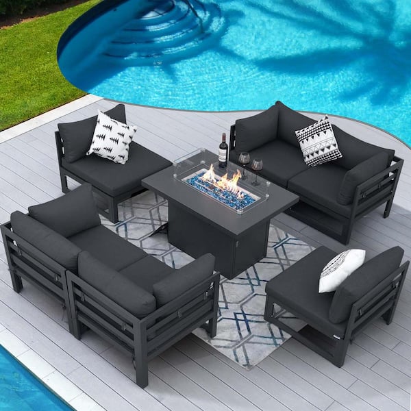 FINCATI Charcoal 7-Piece Outdoor Patio Aluminum Deep Seating Sofa Set, 55,000 BTU Fire Pit Table and Dark Gray Cushions