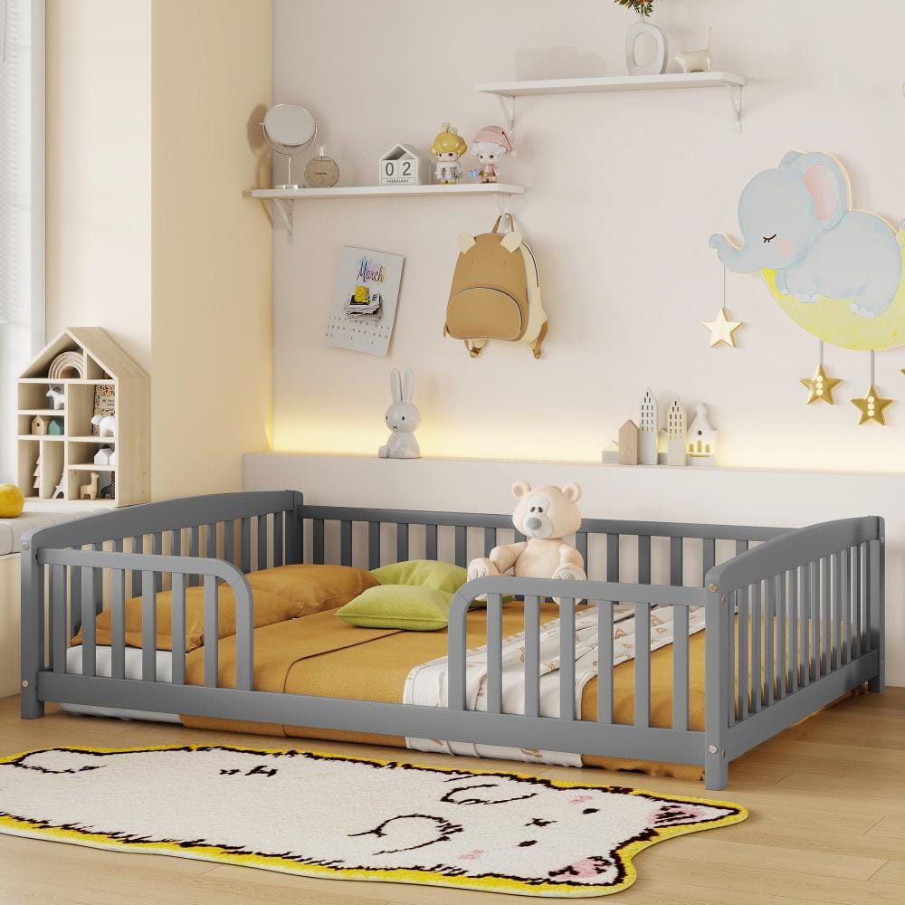 Gray Wood Frame Full Size Platform Bed with Central Entrance