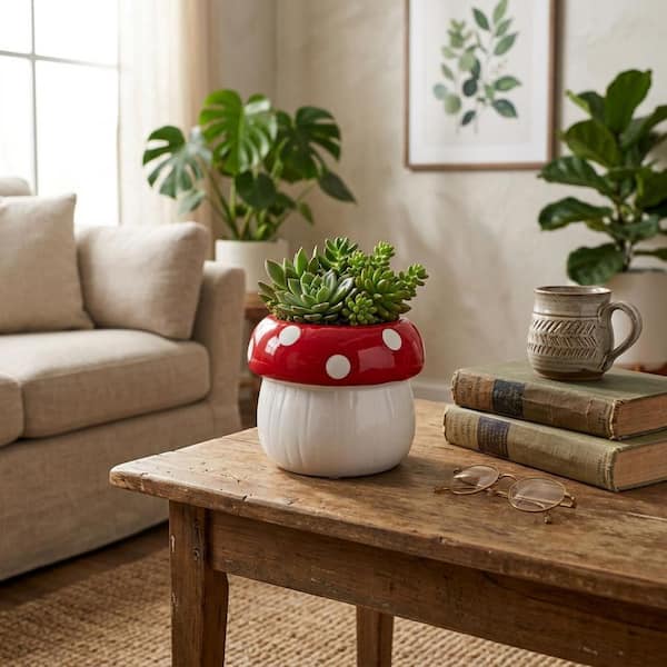 White Ceramic Round Mushroom Polka-Dot Decorative Planter (5 in. W x 5 in. H)