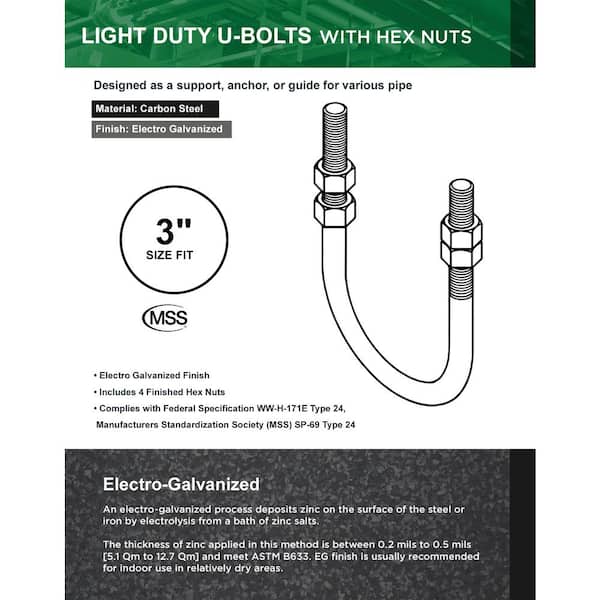 PLUMBFLEX Light Duty Galvanized Steel U-Bolt Pipe Clamp with