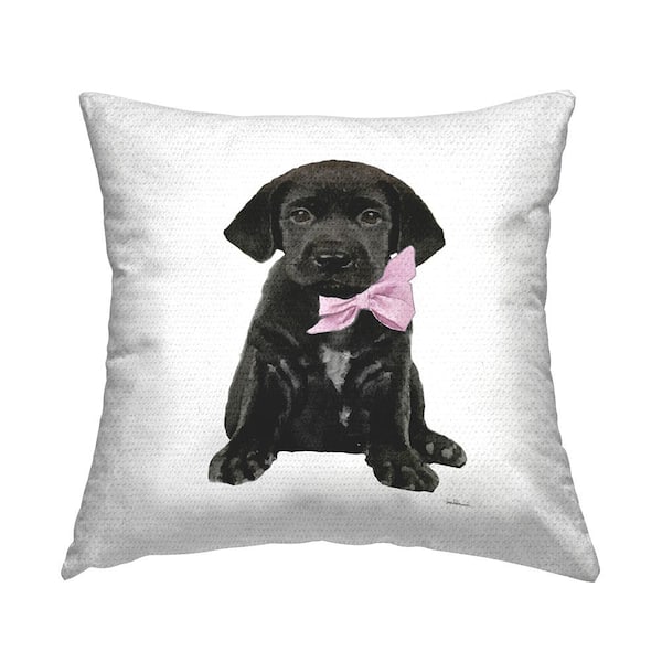 Black Puppy Pink Glam Bow Pet Portrait Black Square Outdoor Throw Pillow