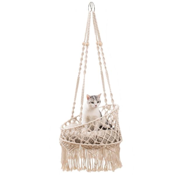 Tatayosi Beige Macrame Cat Hammock, Hanging Cat Bed, Boho Cat Swing