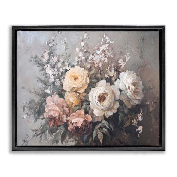 Stupell Industries Roses and Peonies on Gray by Petal Prints Design Black Floater Frame Nature Graphic Art Print 17 in. x 21 in.
