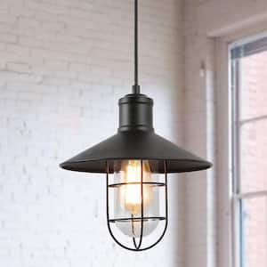 Modern Industrial 1-Light Black Pendant with 10.2 in. W Clear Glass Shade Metal Wire Cage Shade Barn Ceiling Chandelier