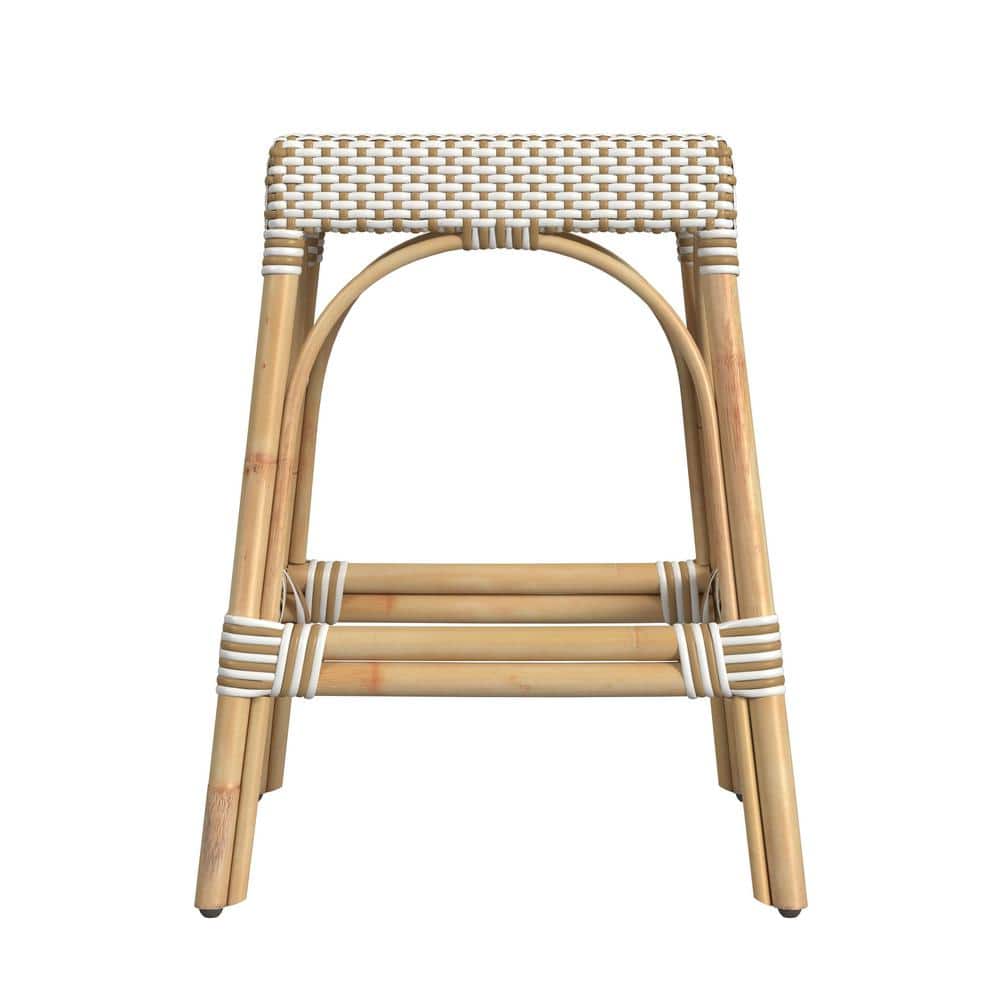 Robias 24.5" White and Tan Dot Rattan Backless Counter Stool