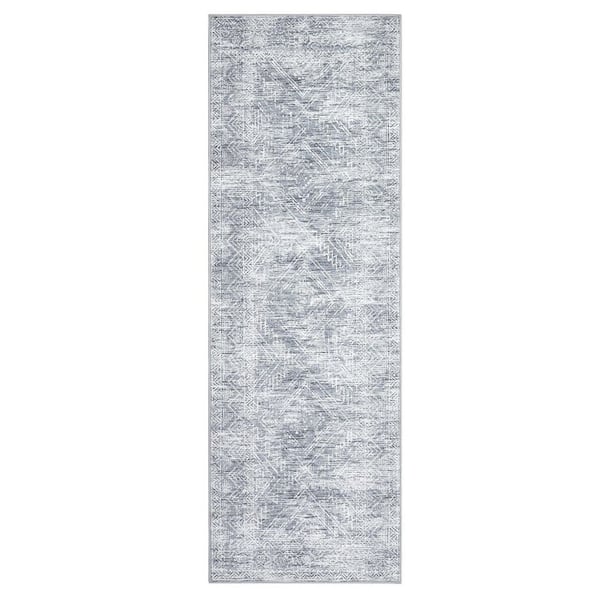 Gray 2 ft. x 8 ft. Washable Vintage Distressed Bohemian Style Polyester Area Rug