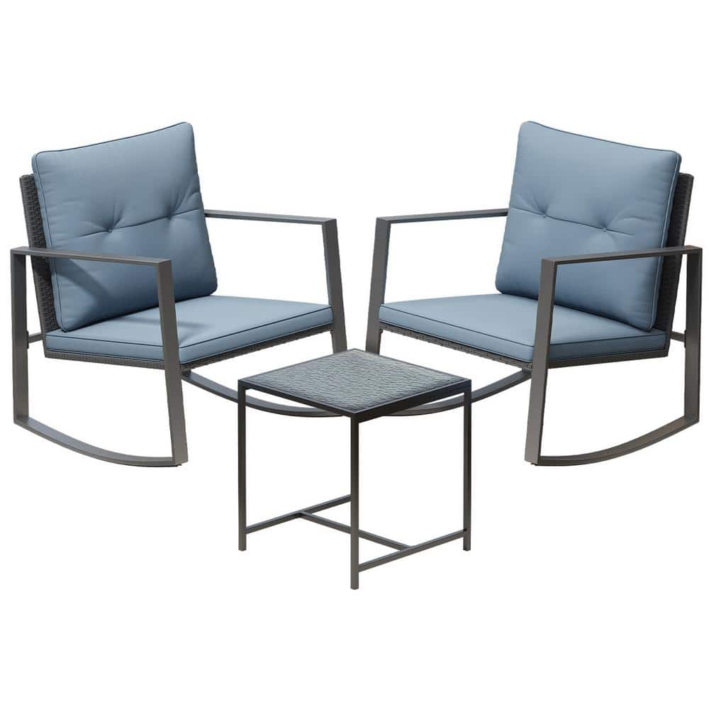 Gray Cushioned Steel Rocking Bistro Set with Glass Table
