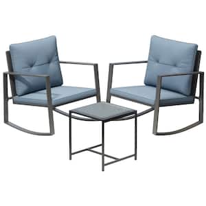 Serenity Decor 3-Piece Rocking Bistro Set--Glass Coffee Table with 2 Chairs-Gray