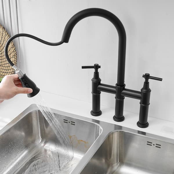 YONKI SUNSHIN INC Double Handle 3-Holes Bridge Kitchen Faucet 1.8 GPM, 9.25 in. Pout Reach with Pull-Down Sprayhead in Spot in Black