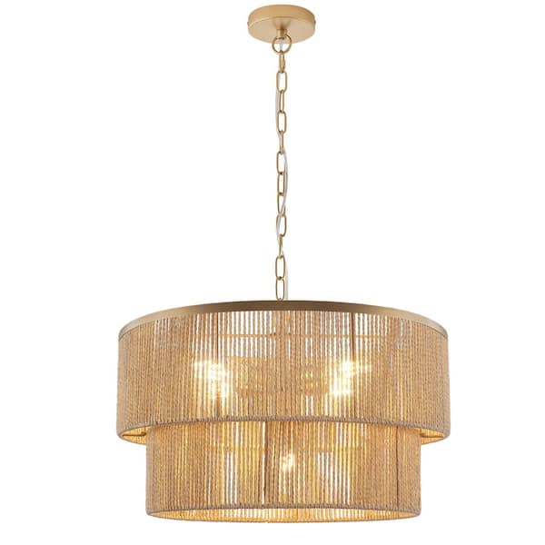 21.9 in. Bohemian 5-Light Natural Hand-Woven Drum Rattan Chandelier with Adjustable Chain for Dining Room