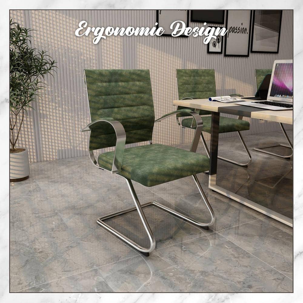 Green Leather Office Chair with Fixed Arms and Metal Frame