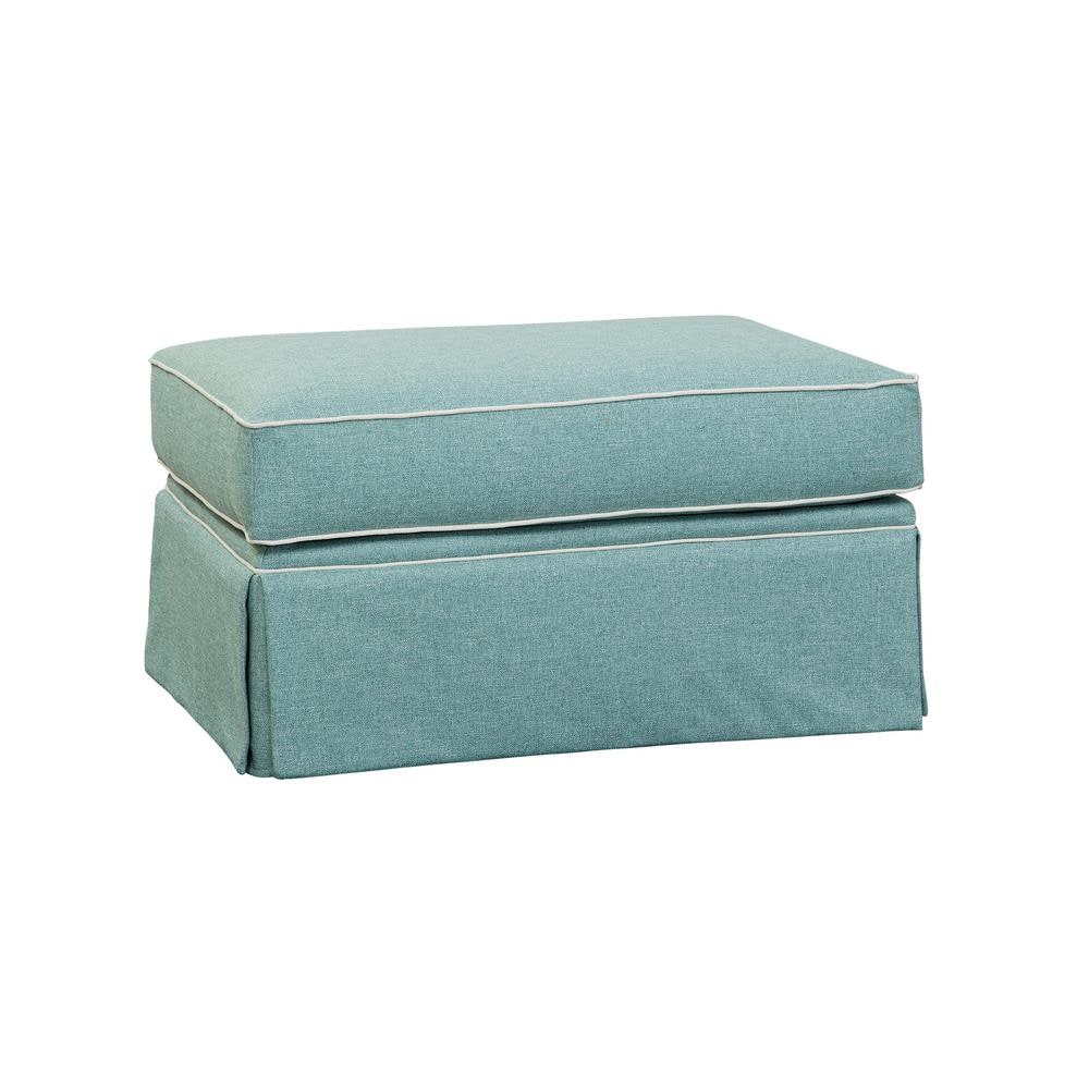 Aqua and Ivory Upholstered Coastal Ottoman with Skirt