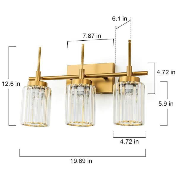 ZYZWMB 19.7 in. 3-Light Brushed Gold Dimmable Crystal Bathroom