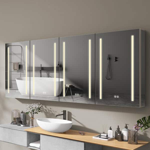 80 in. W. x 30 in. H Recessed or Surface Mount Rectangular Aluminum White Bathroom LED Medicine Cabinet with Mirror