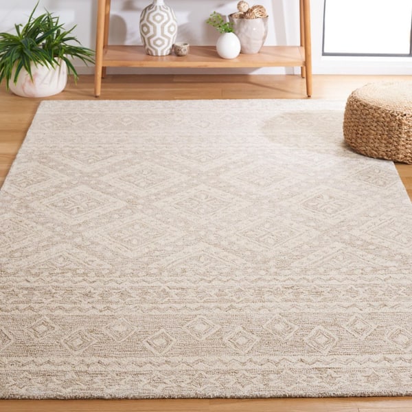 Micro-Loop Beige/Ivory Doormat 3 ft. x 3 ft. Tribal Border Diamonds Square Area Rug