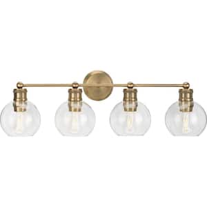 Hansford Collection 33-1/2 in. 4-Light Gold Vintage Brass Clear Glass Coastal Bathroom Vanity Light
