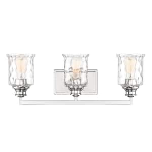 Drake 24 in. 3-Light Polished Nickel Modern Wall Sconce with Clear Hammered Glass Shades