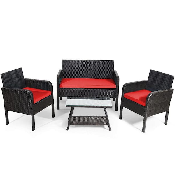 WELLFOR Black 4-Piece Wicker Patio Conversation Set with Red Cushions