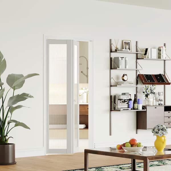 36 in. x 80 in. 1-Panel, Reed Glass, White, Solid Core, MDF, PVC Covering Bi-Fold Door with Hardware Kits