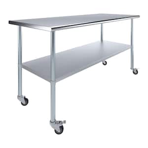 30 in. x 72 in. Stainless Steel Work Table with Casters : Mobile Metal Kitchen Utility Table with Bottom Shelf