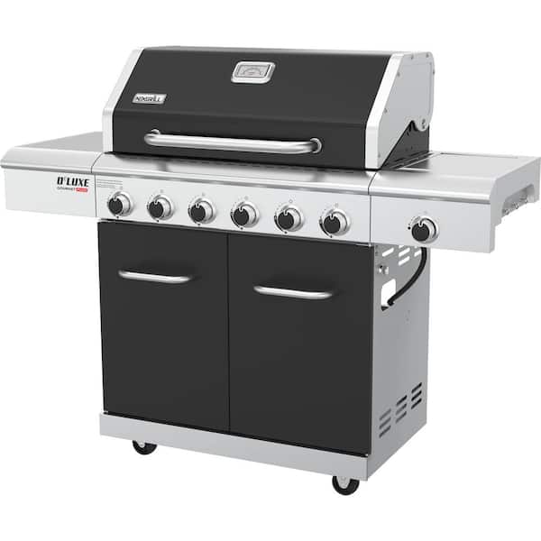 Deluxe 6-Burner Propane and Natural Gas Grill with Gourmet Plus Griddle Insert and Side Burner in Black