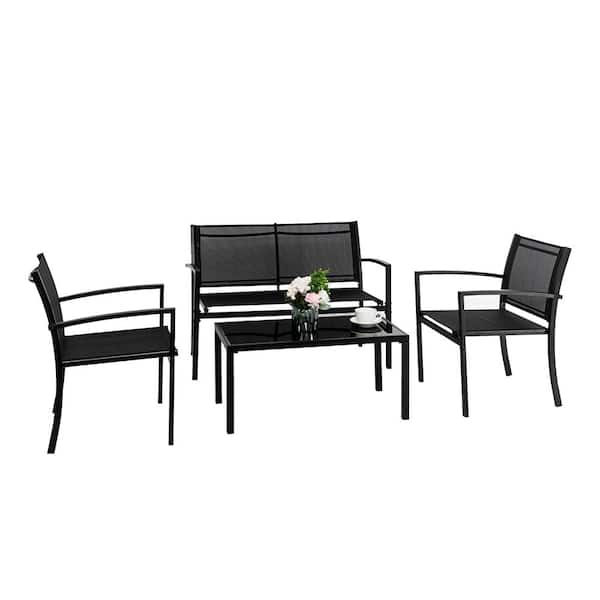 VINGLI Black 4-Piece Metal Patio Conversation Set with Loveseat and Coffee Table