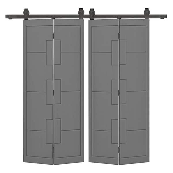 CALHOME 64 in. x 80 in. Light Gray Painted MDF Composite Modern Bi-Fold Hollow Core Double Barn Door with Sliding Hardware Kit
