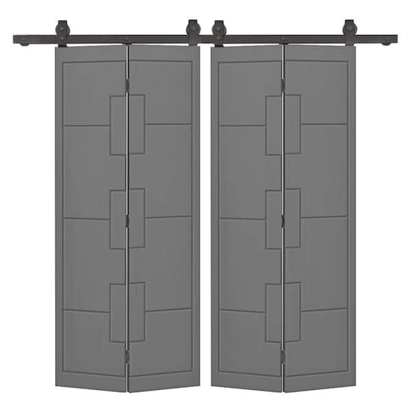 CALHOME 68 in. x 80 in. Light Gray Painted MDF Composite Modern Bi-Fold Hollow Core Double Barn Door with Sliding Hardware Kit