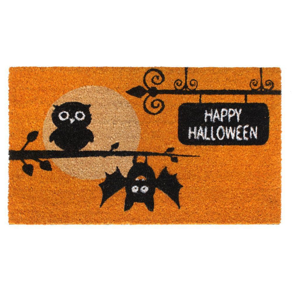 Welcome Happy Halloween Owl Bat Black 18 in. x 30 in. Coir Non-Slip Outdoor