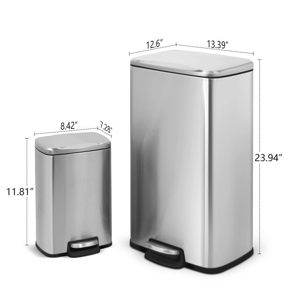 Fingerprint Resistant Brushed Stainless Steel Step-On Trash Can Set