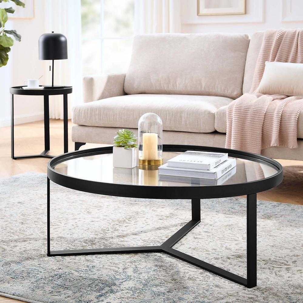 Black Round Glass Coffee Table with Storage