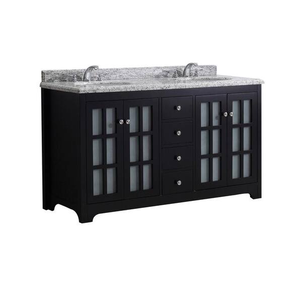 Simpli Home Greyhaven 60 in. Vanity in Black with Granite Vanity Top in Dappled White and Grey and Under Mount Oval Sinks
