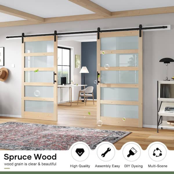 72 in. x 84 in. (Double 36 in. Doors) 5-Lite Frosted Glass Solid Spruce Wood Sliding Barn Door with Hardware Kit