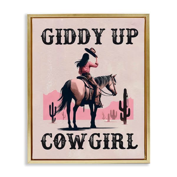 Stupell Industries Giddy Up Brunette Cowgirl by Lettered and Lined Gold Floater Frame People Graphic Art Print 31 in. x 25 in.