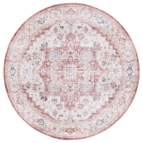SAFAVIEH Arizona Beige/Rust 6 ft. x 6 ft. Distressed Border Ornate Machine Washable Round Area Rug