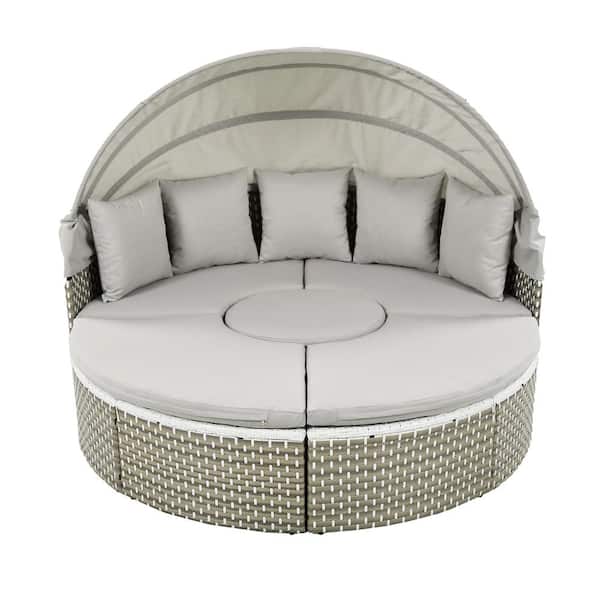 Sudzendf Round Wicker Outdoor Sectional Sofa Set Daybed 2-Tone Weave Sunbed with Retractable Canopy and Gray Removable Cushion