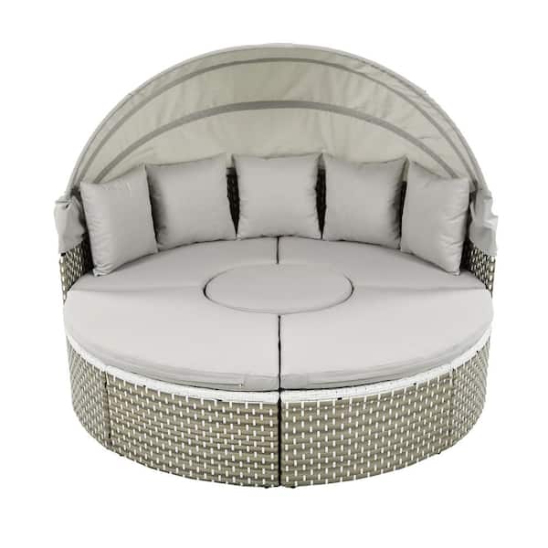 Sudzendf Round Wicker Outdoor Sectional Sofa Set Daybed 2-Tone Weave Sunbed with Retractable Canopy and Gray Removable Cushion