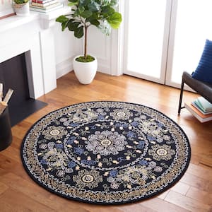 Micro-Loop Black/Green 5 ft. x 5 ft. Floral Border Round Area Rug
