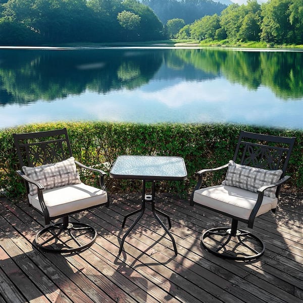 GARSING Black Metal Outdoor Dining Chair with Beige Cushions and Pillows (2-Pack)