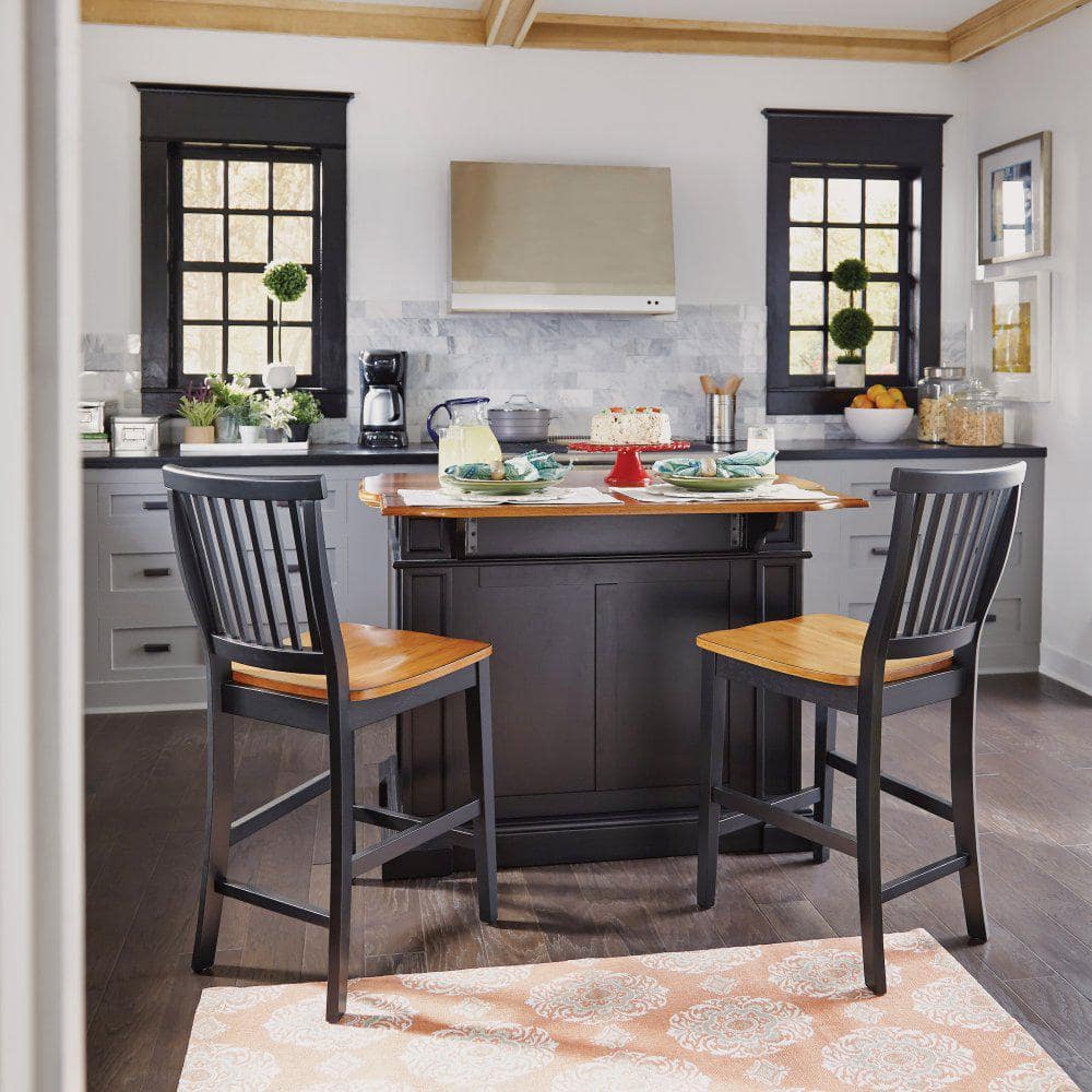 Black and Oak Wood Kitchen Island Set with Stools