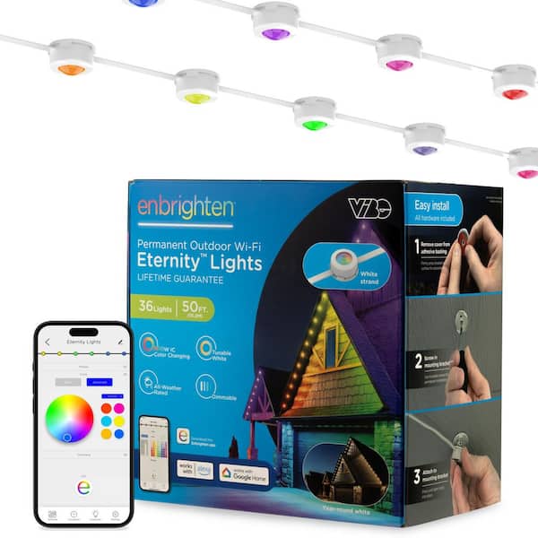 Enbrighten 36 Light 50 ft. Outdoor Plug-in Integrated LED Eave Puck String-Light, White