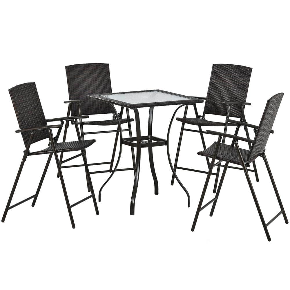 Brown 5 Piece Wicker Counter Height Outdoor Dining Set Patio Table with Umb