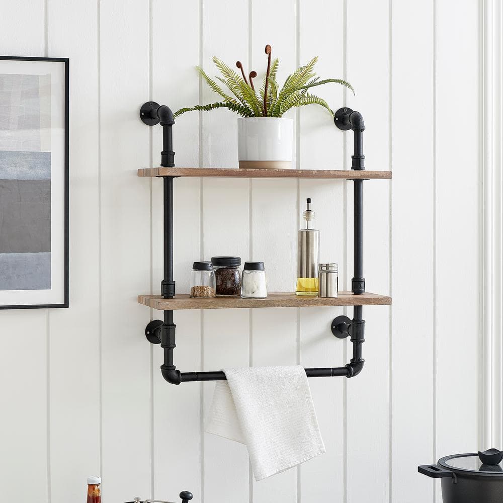 Rustic Brown 28" Iron & Wood Dual Shelf Wall Unit with Towel Rod