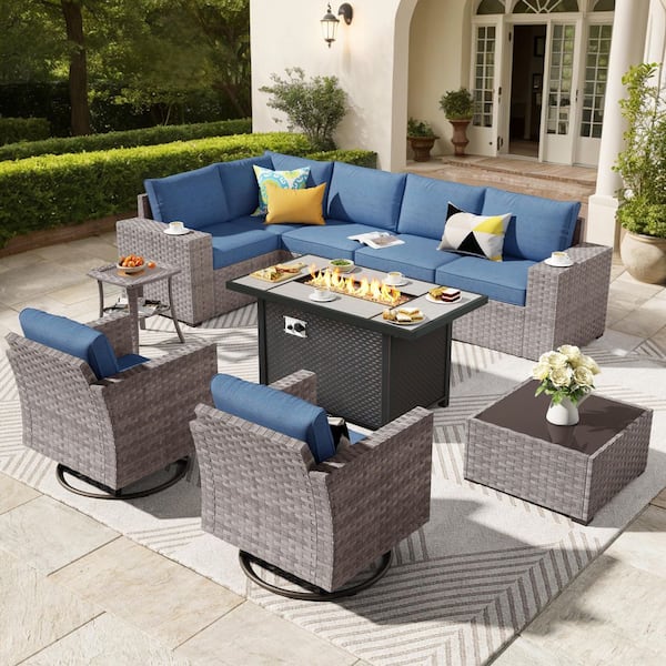 Beatrice 10-Piece Wicker Patio Rectangular Fire Pit Set with Denim Blue Cushions and Swivel Rocking Chairs